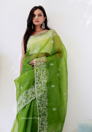 Parrot Green Colour Embroidery Thread Work Saree - Orgenza Store