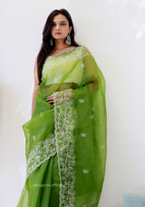 Parrot Green Colour Embroidery Thread Work Saree