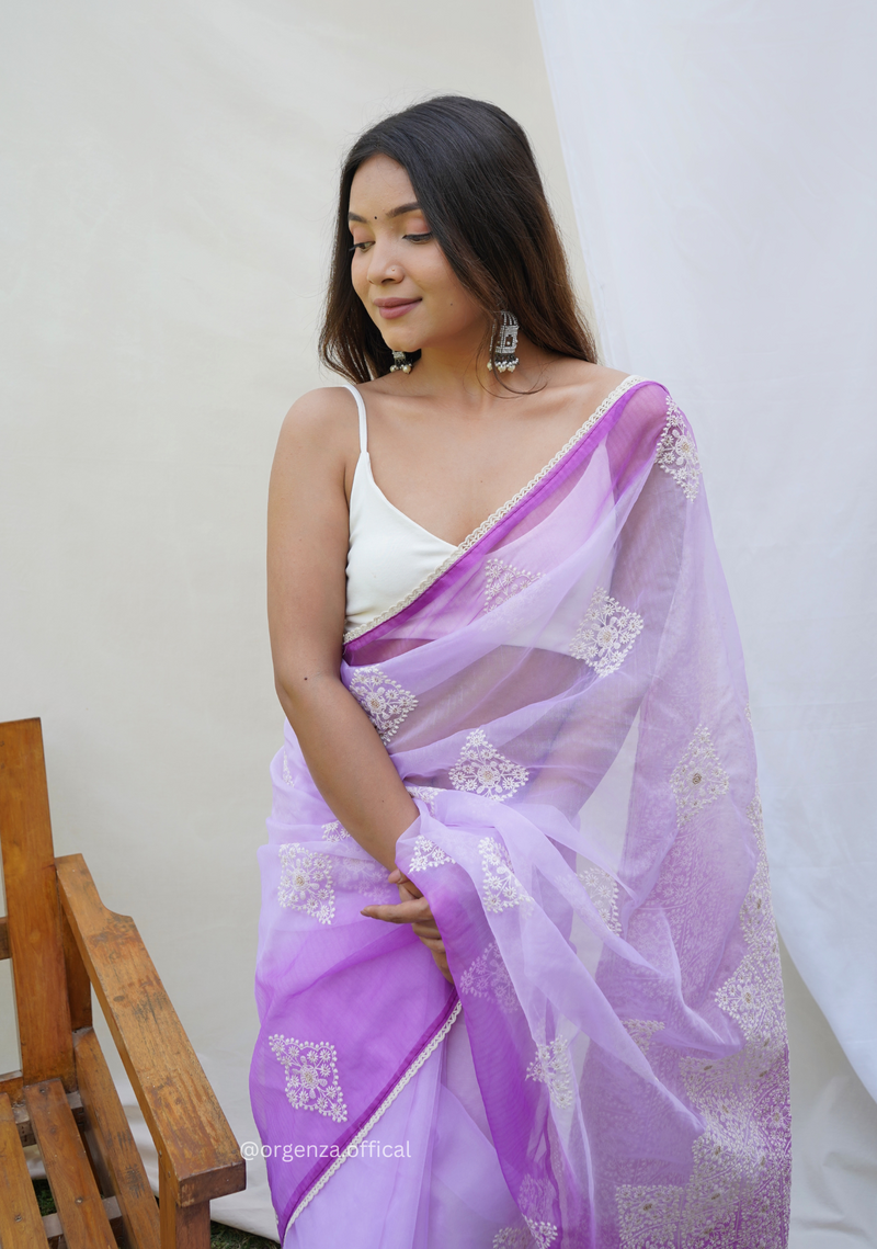 Lavender Organza Saree With Viscous Thread Work