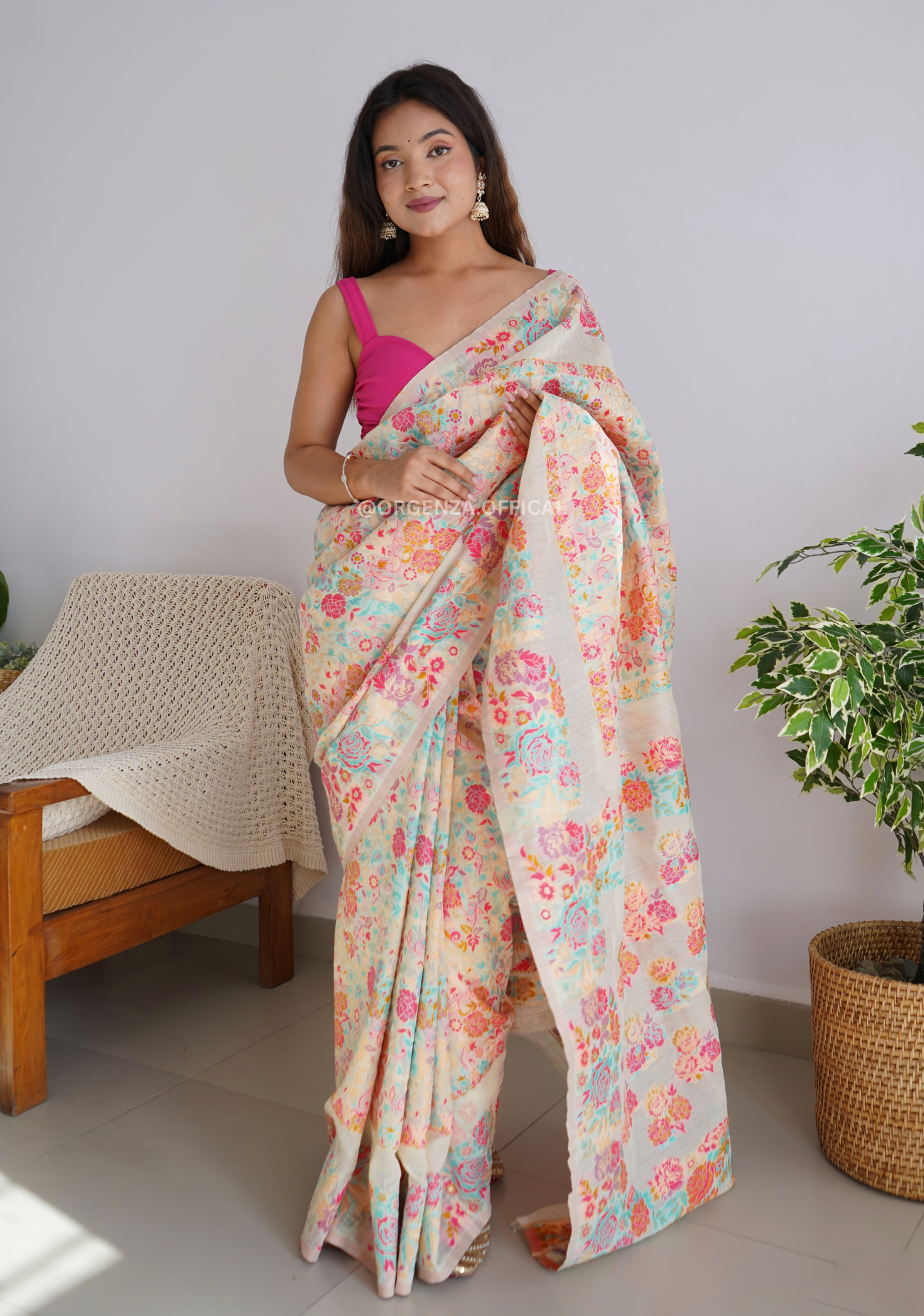 Pure Pashmina Kanchi Weaving Kashmiri Silk Saree - Orgenza Store