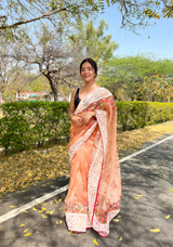 Orange Organza Saree With Chikankari Work