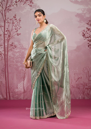 Pista Green Colour Jimmy Choo Saree With Mirror Work - Orgenza Store