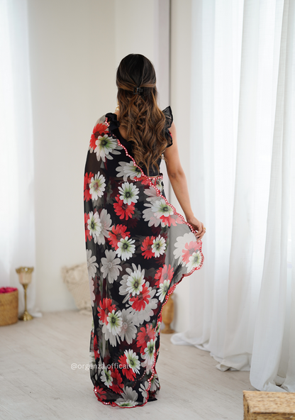 Black Colour Georgette Printed Mirror Saree