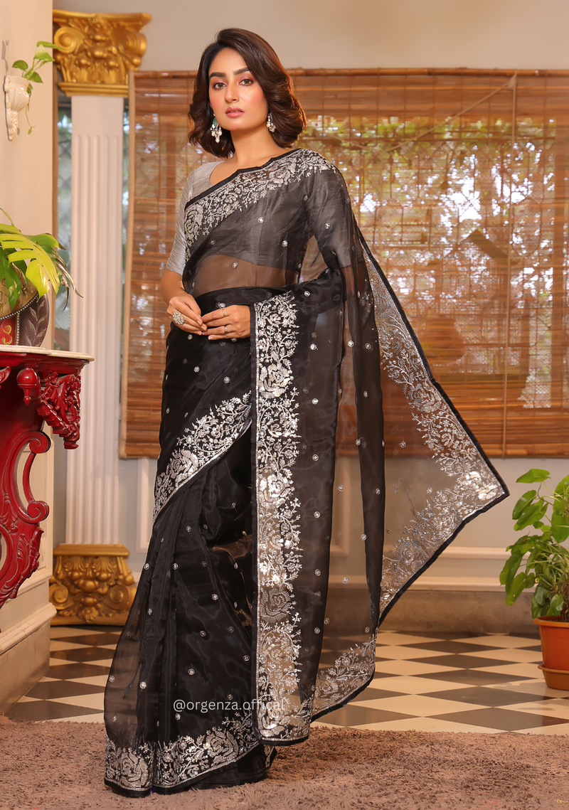 Black Organza Saree With Sequence Embroidered