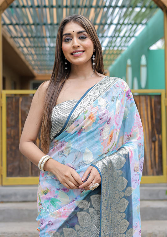 Sky Blue Georgette Saree With Viscose Border - Orgenza Store