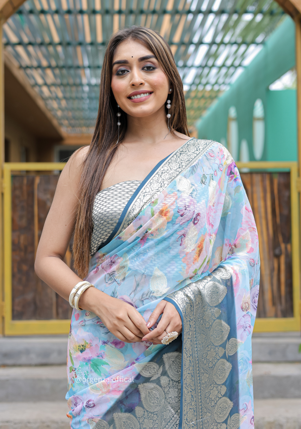 Sky Blue Georgette Saree With Viscose Border