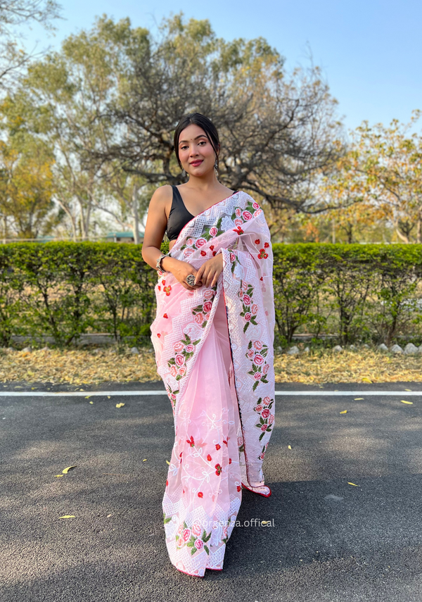 Baby Pink Colour Organza Saree With Kashmiri Thread Work