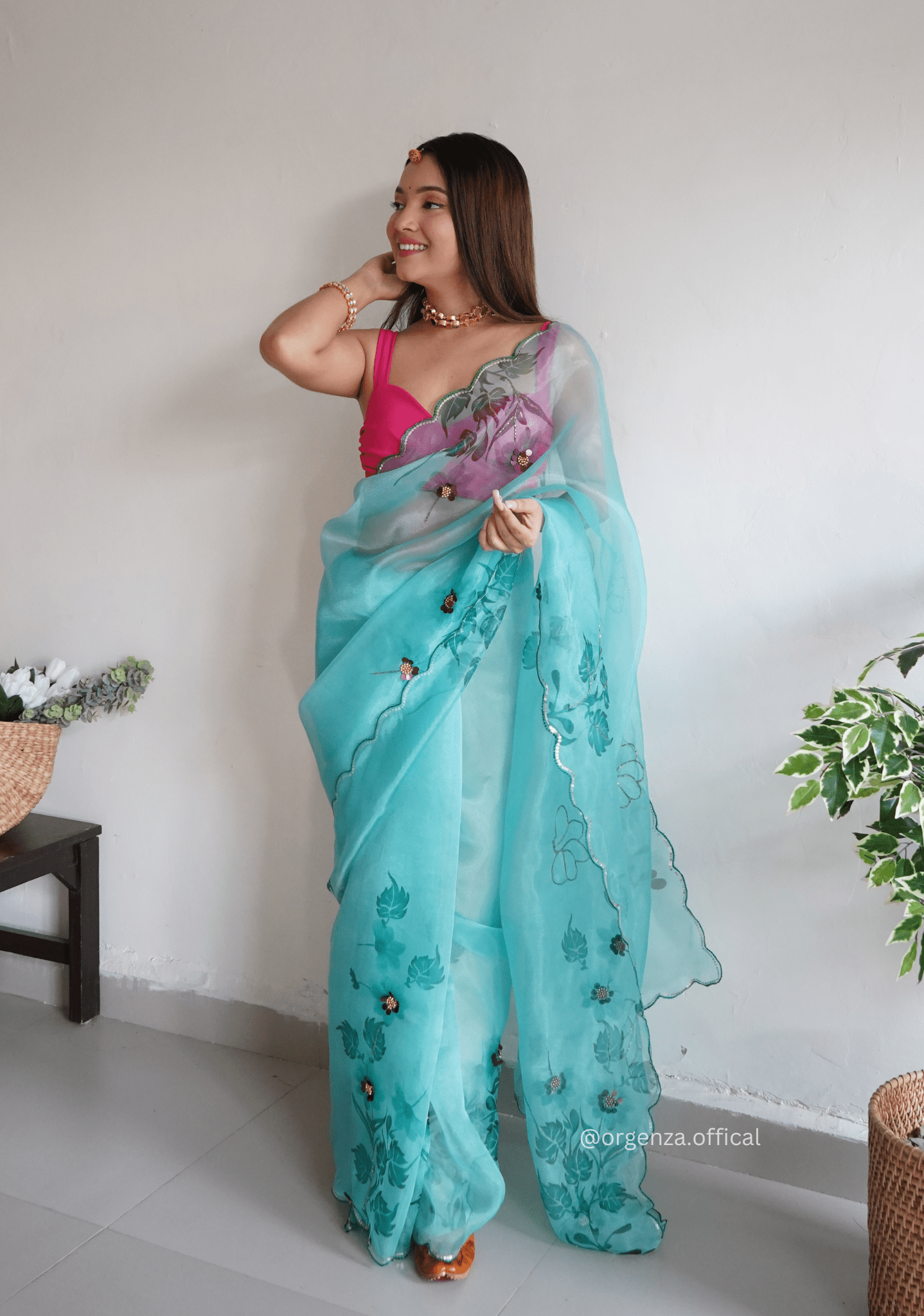 Sky Colour Organza Saree With Handwork - Orgenza Store - digisoch