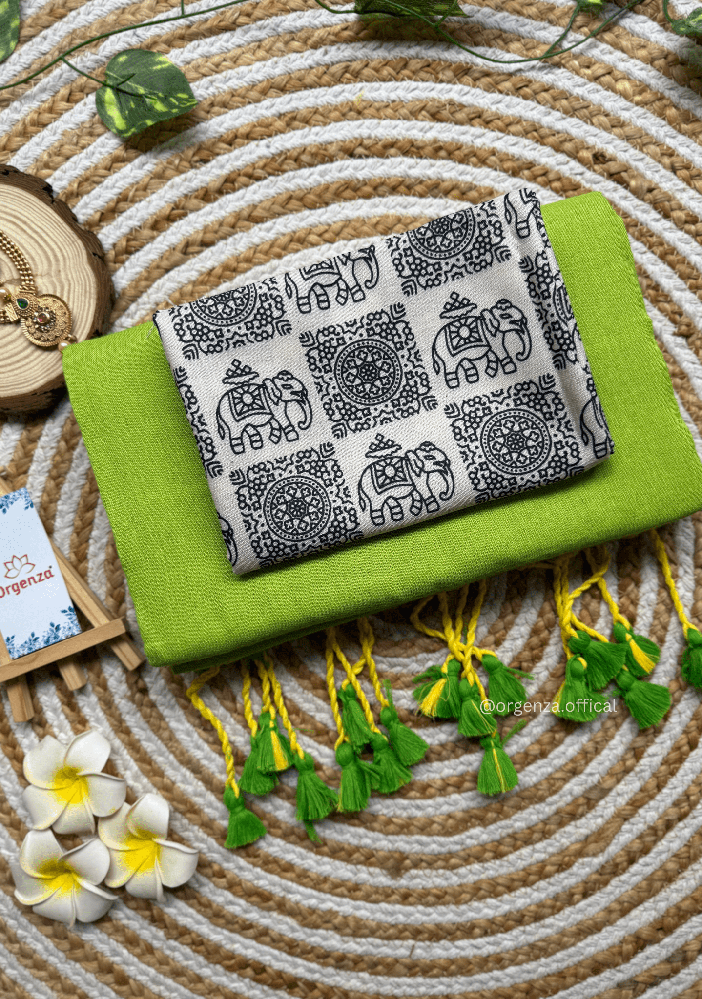 Pista Green Colour Cotton Saree With White Elephant Print Blouse - Orgenza Store - digisoch