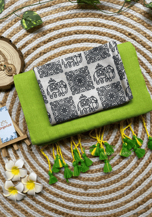 Pista Green Colour Cotton Saree With White Elephant Print Blouse - Orgenza Store - digisoch