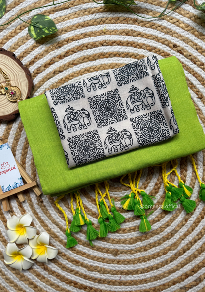 Pista Green Colour Cotton Saree With White Elephant Print Blouse