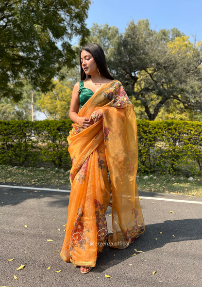 Mustard Yellow Colour Organza Saree With Handwork