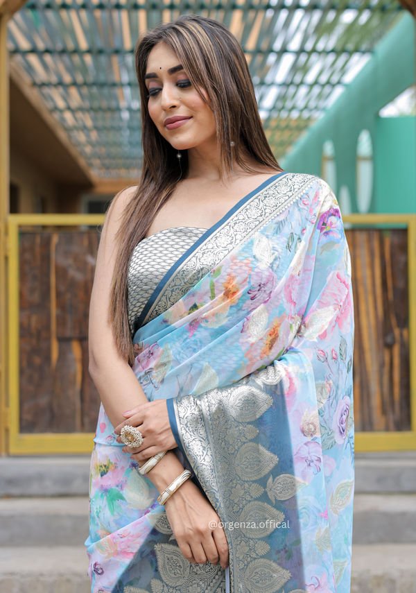 Sky Blue Georgette Saree With Viscose Border