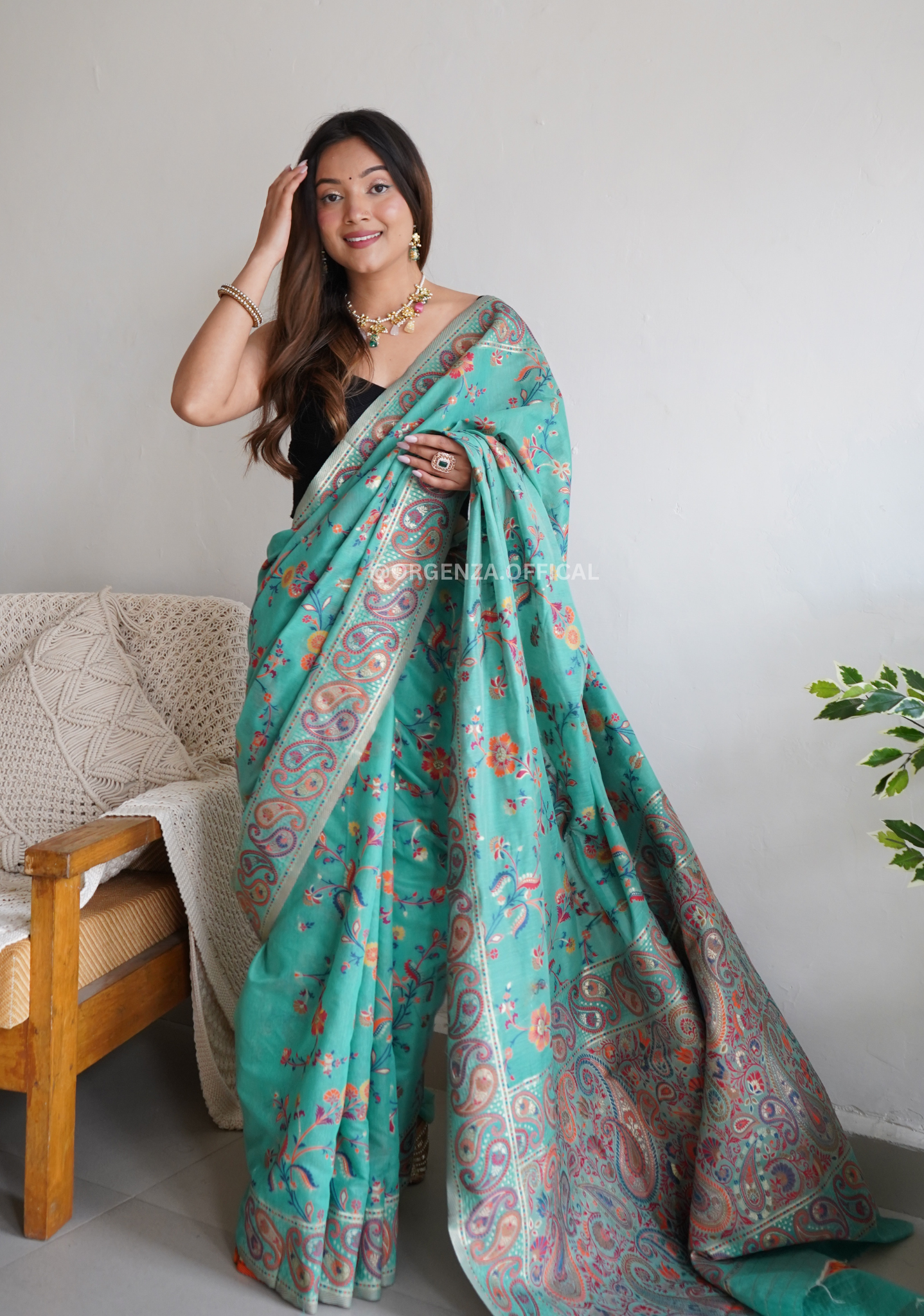 Pure Pashmina Kachi Weaving Kashmiri Silk Saree - Orgenza Store