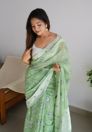 Pista Green Span Linen Silk Saree - Orgenza Store