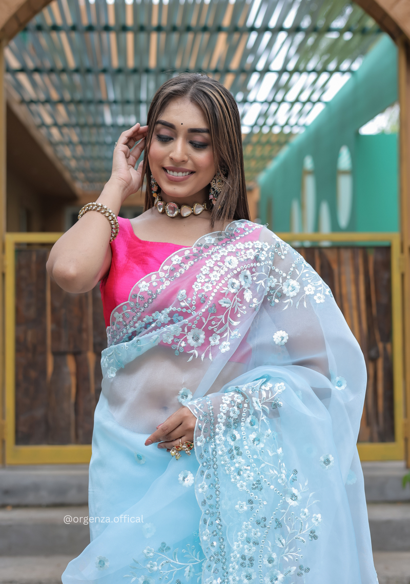 Sky Blue Soft Organza Saree With Sequence Work