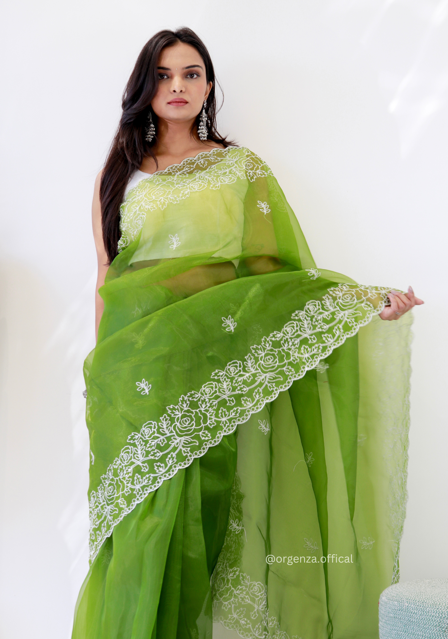 Parrot Green Colour Embroidery Thread Work Saree - Orgenza Store