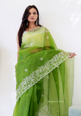 Parrot Green Colour Embroidery Thread Work Saree