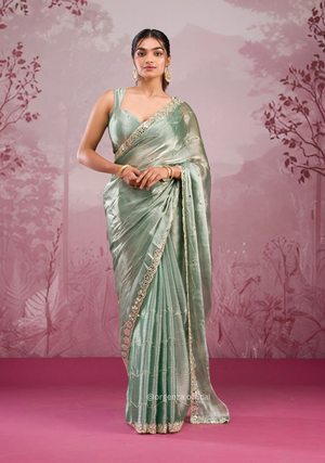 Pista Green Colour Jimmy Choo Saree With Mirror Work - Orgenza Store