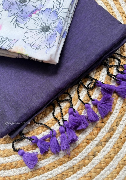 Purple Colour Cotton Saree With Flower Print Blouse