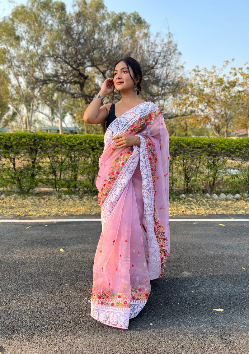 Lavender Organza Saree With Chikankari Work