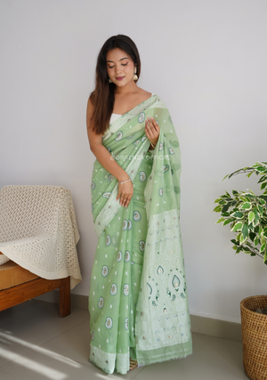Pista Green Span Linen Silk Saree - Orgenza Store