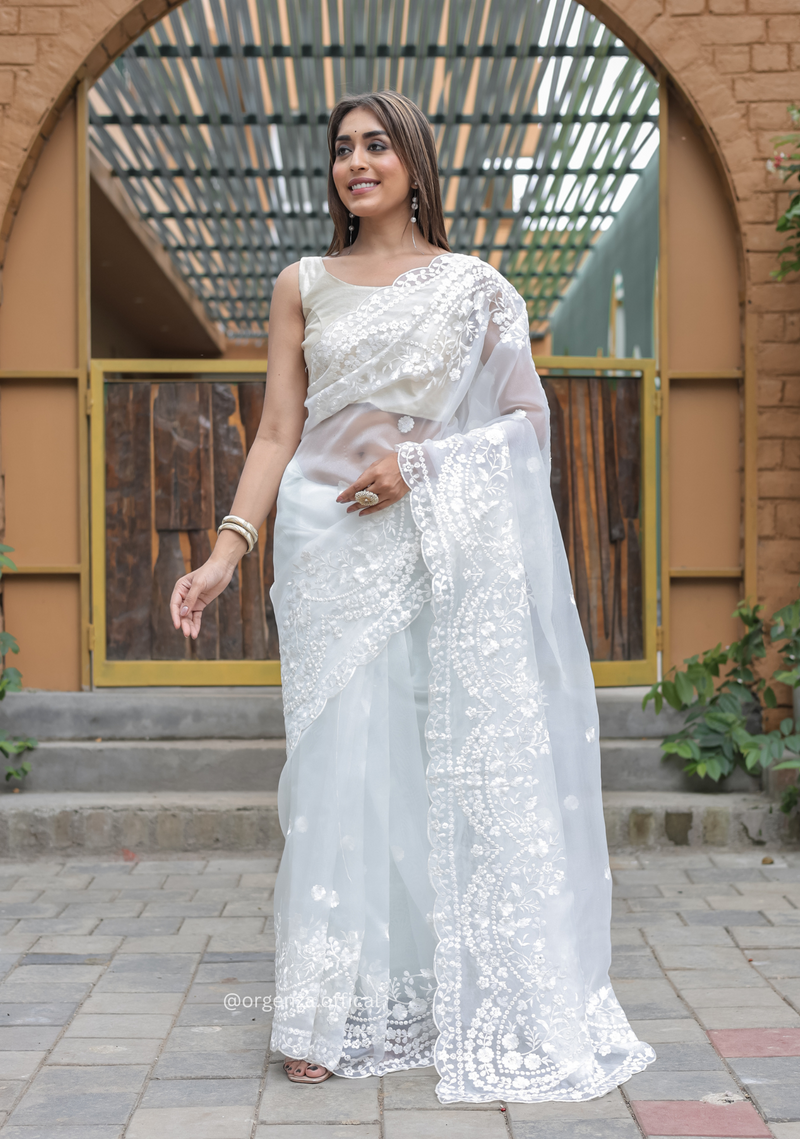 White Soft Organza Saree With Sequence Work