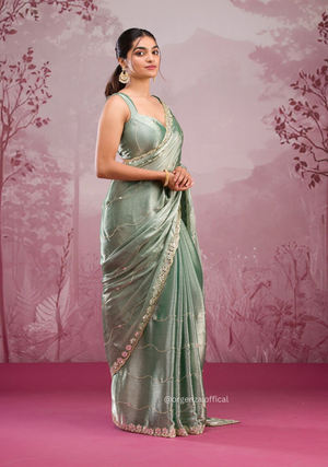Pista Green Colour Jimmy Choo Saree With Mirror Work - Orgenza Store