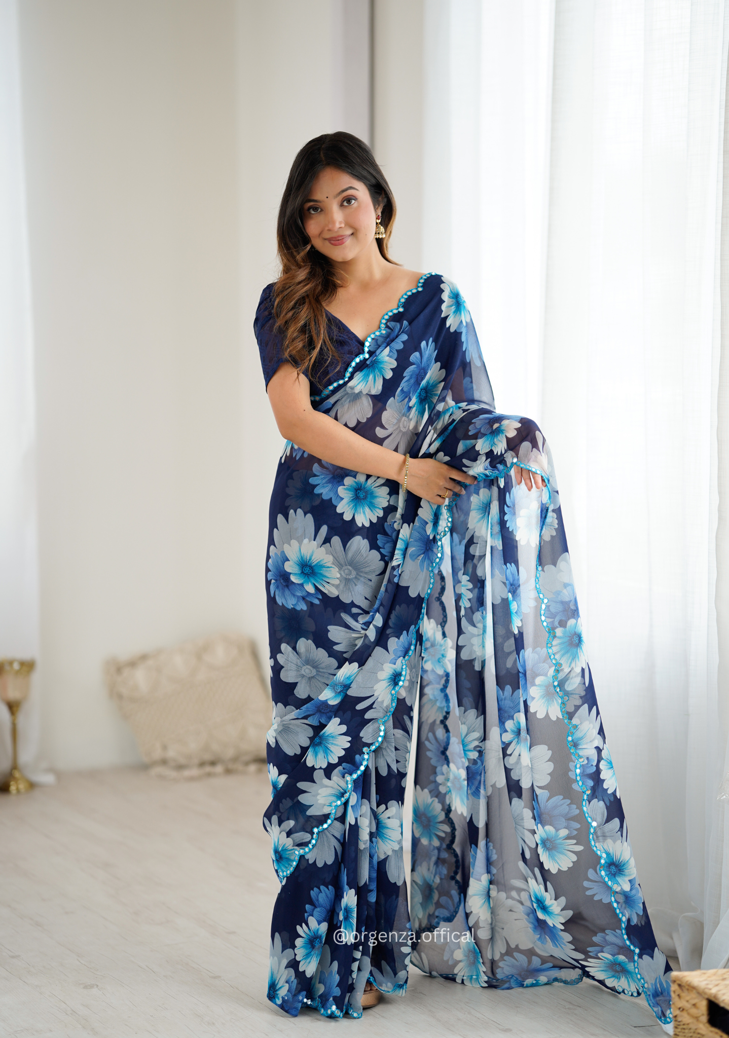 Blue Colour Georgette Printed Mirror Saree