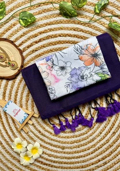 Purple Colour Cotton Saree With Flower Print Blouse