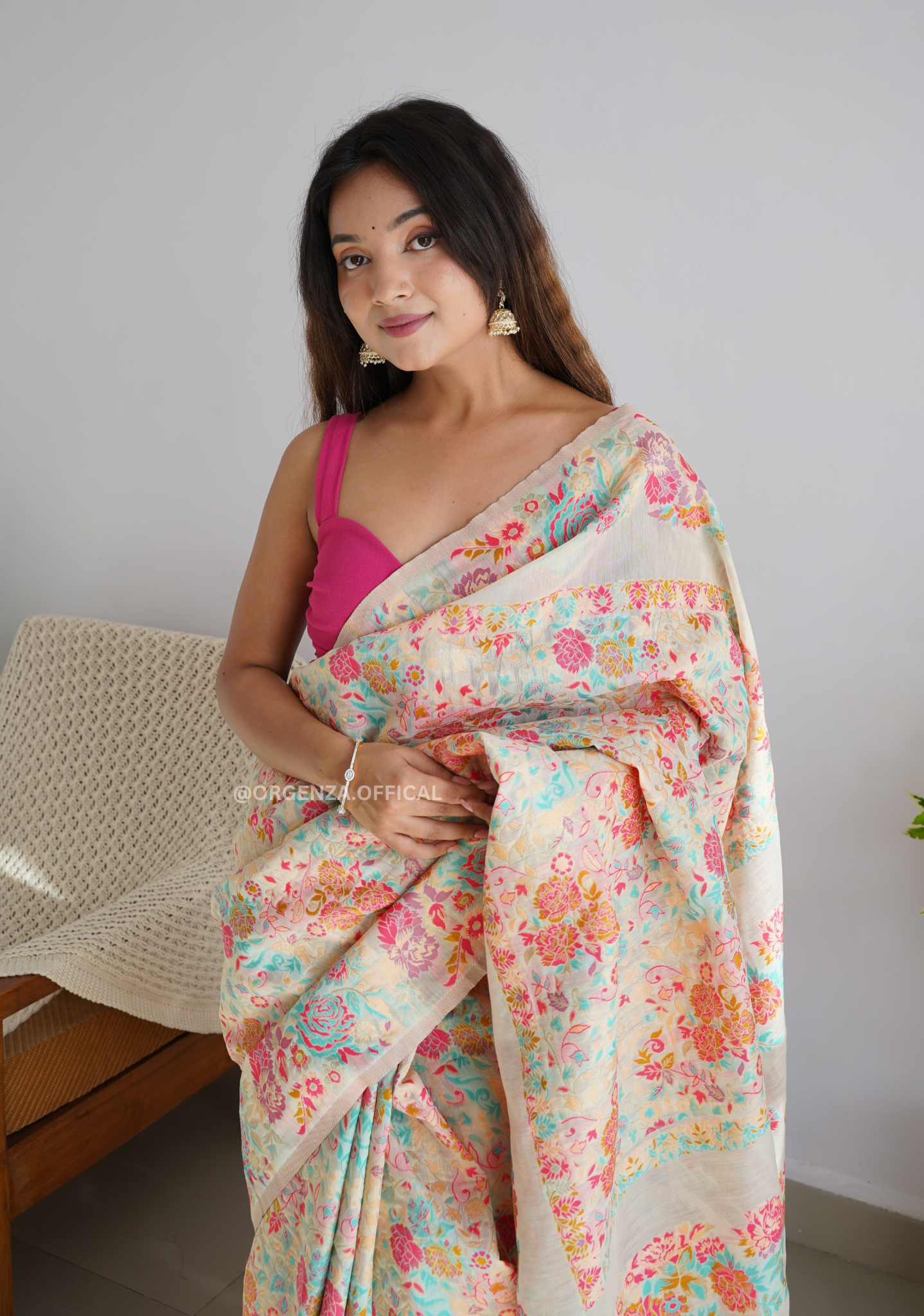 Pure Pashmina Kanchi Weaving Kashmiri Silk Saree - Orgenza Store