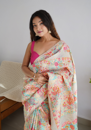 Pure Pashmina Kanchi Weaving Kashmiri Silk Saree - Orgenza Store