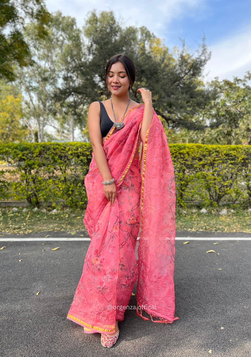 Pink Colour Organza Silk Saree With Thread Work