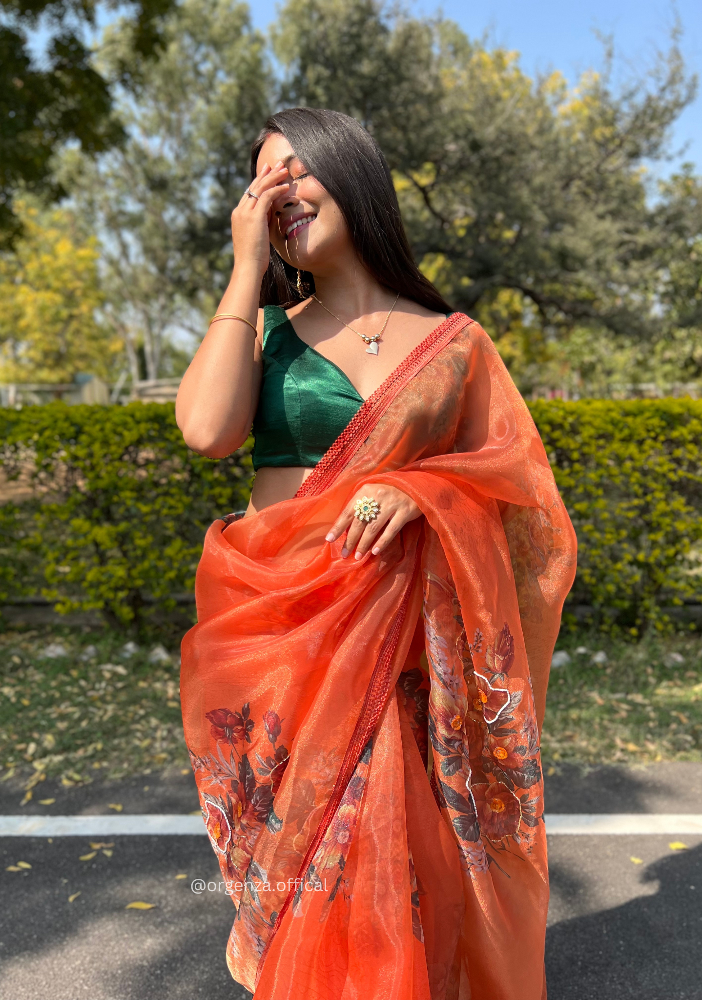 Orange Colour Organza Saree With Handwork