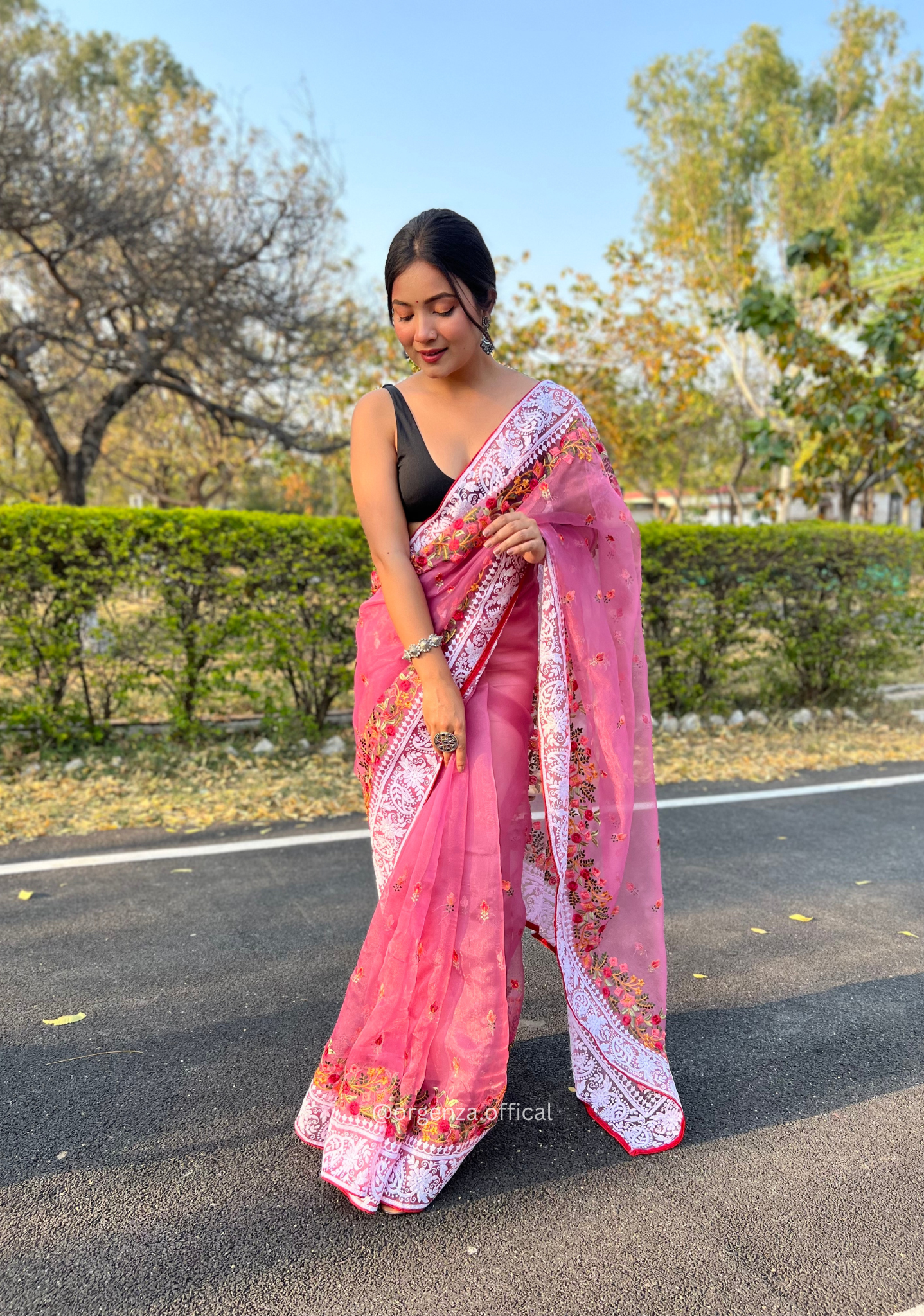 Pink Color Organza Saree With Chikankari Work - Orgenza Store