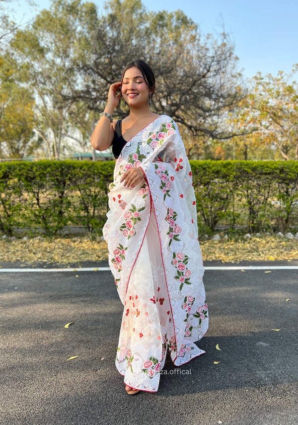 White Colour Organza Saree With Kashmiri Thread Work