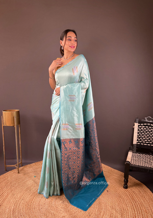 Sky Colour Silk Saree With Zari Weaving - Orgenza Store
