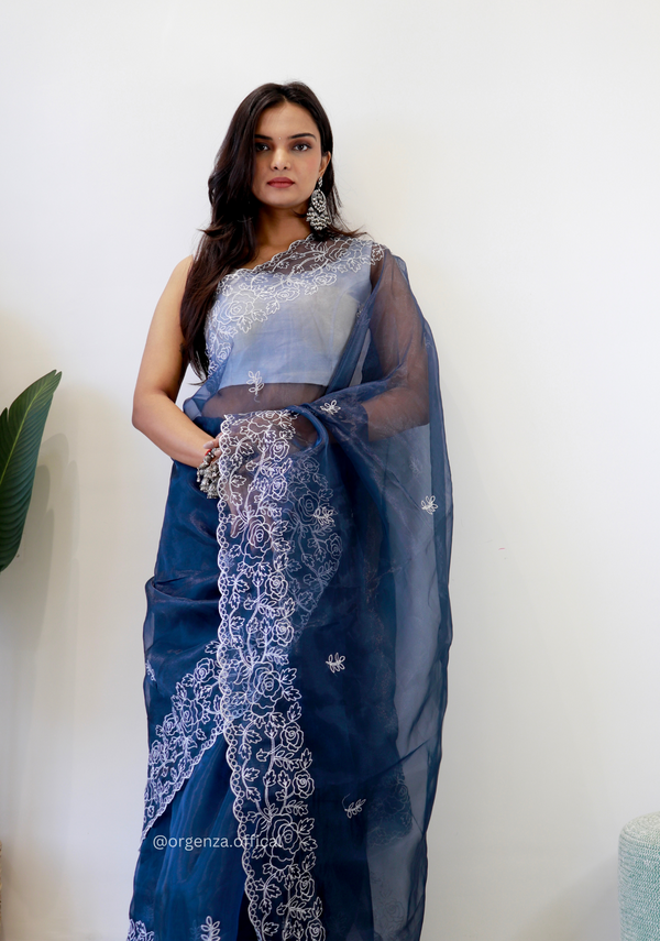 Dark Blue Colour Embroidery Thread Work Saree