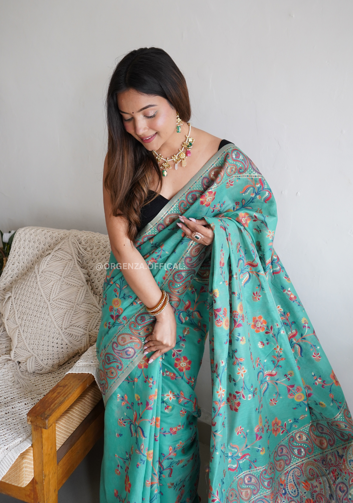 Pure Pashmina Kachi Weaving Kashmiri Silk Saree - Orgenza Store