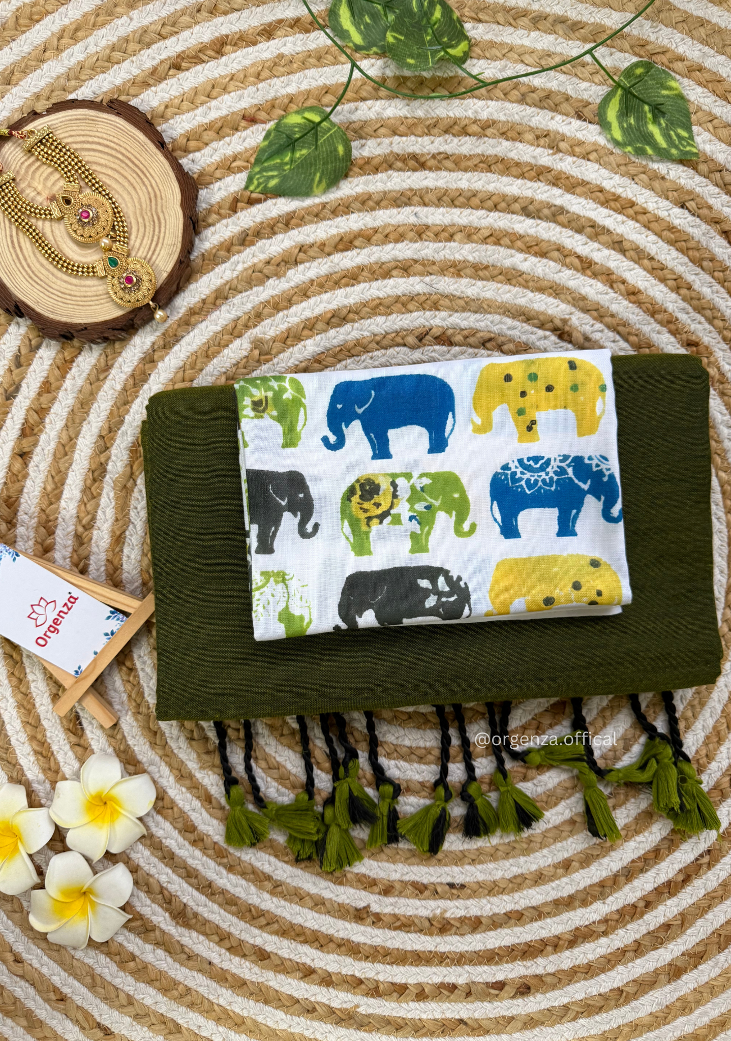 Dark Mehendi Green Colour Cotton Saree With Multi Elephant Print Blouse
