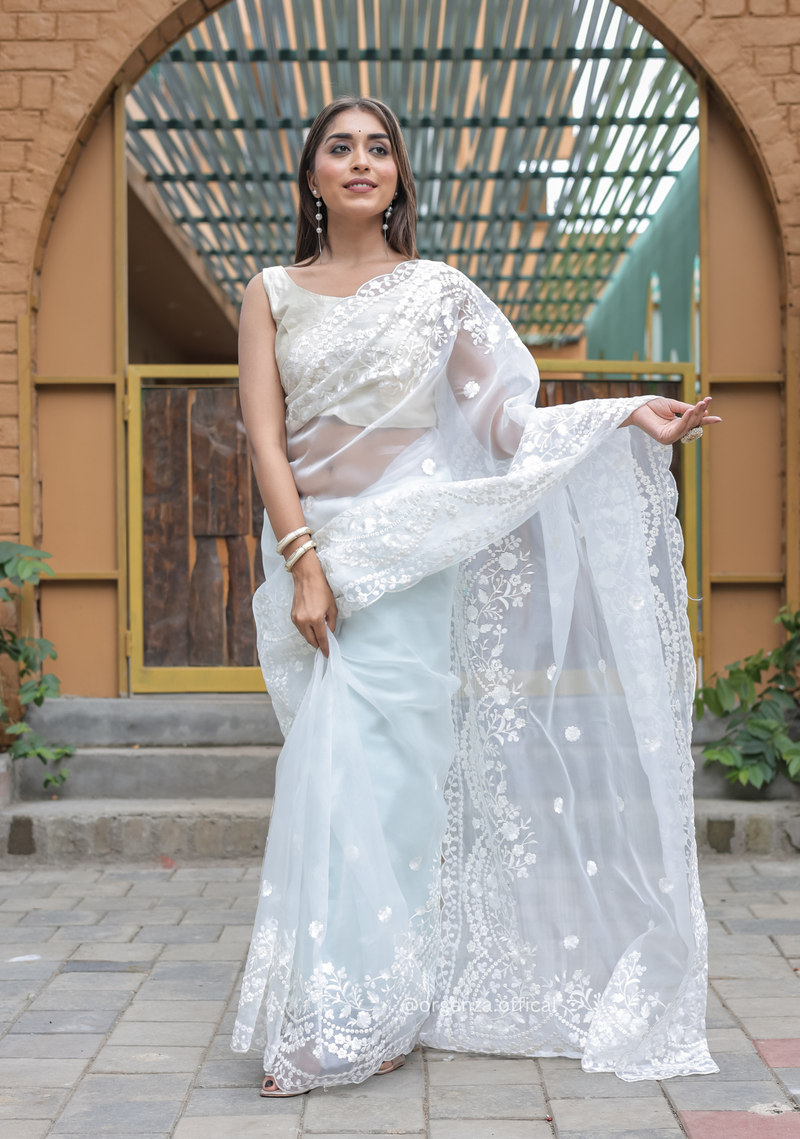 White Soft Organza Saree With Sequence Work