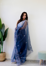 Dark Blue Colour Embroidery Thread Work Saree