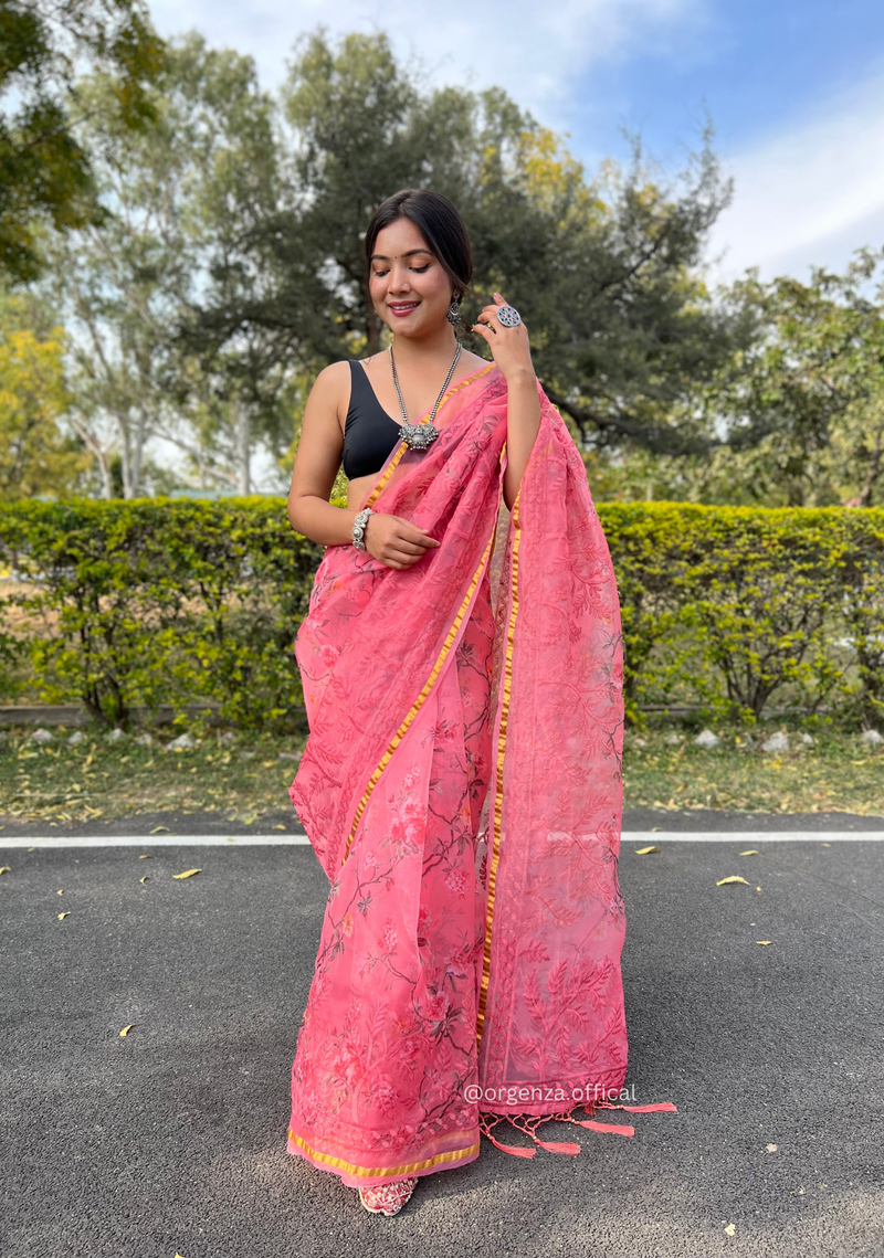 Pink Colour Organza Silk Saree With Thread Work