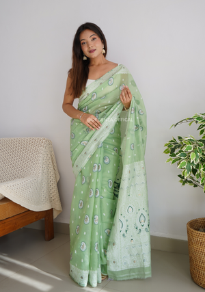 Pista Green Span Linen Silk Saree - Orgenza Store