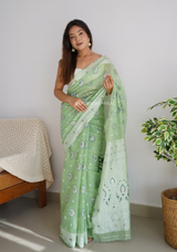 Pista Green Span Linen Silk Saree