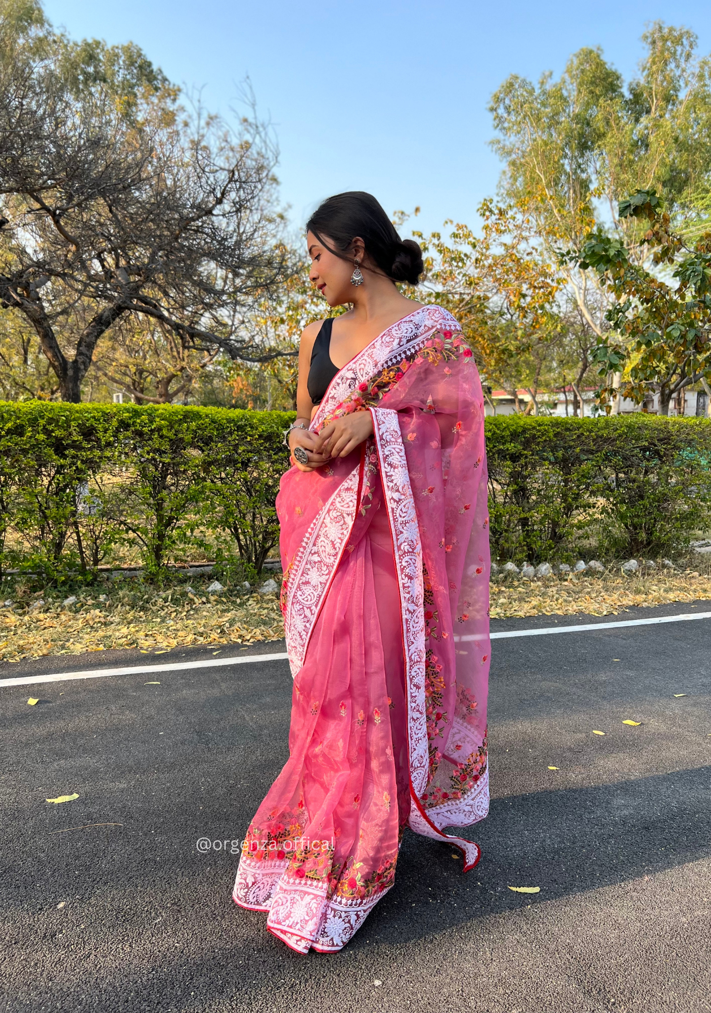Pink Color Organza Saree With Chikankari Work - Orgenza Store