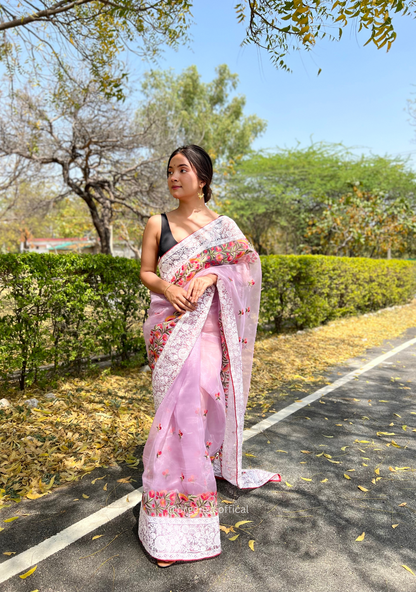Light Lavender Organza Saree With Chikankari Work - Orgenza Store