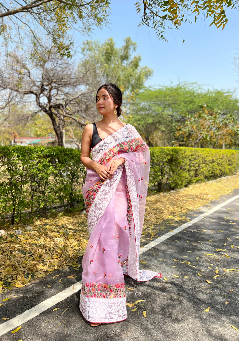 Light Lavender Organza Saree With Chikankari Work