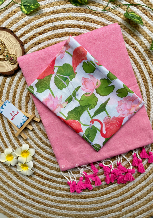 Baby Pink Colour Cotton Saree With Lotus Print Blouse
