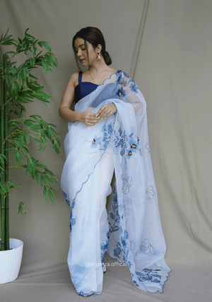 White Colour Organza Saree With Handwork - Orgenza Store - digisoch